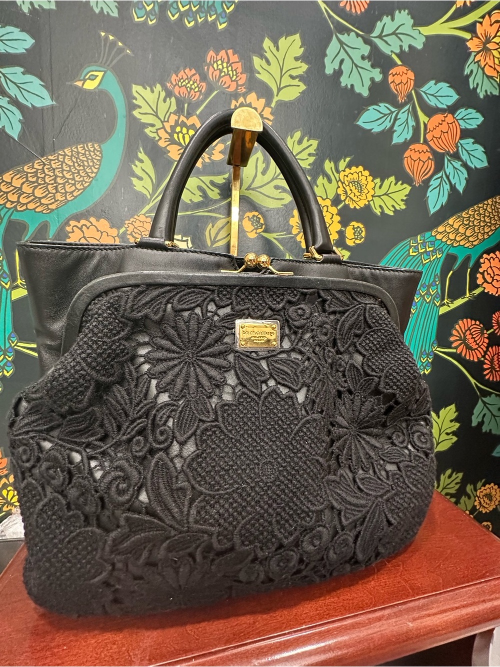 Dolce & Gabbana Black Floral Lace Leather Satchel Leopard Lined | Italy with COA - Picture 4 of 15